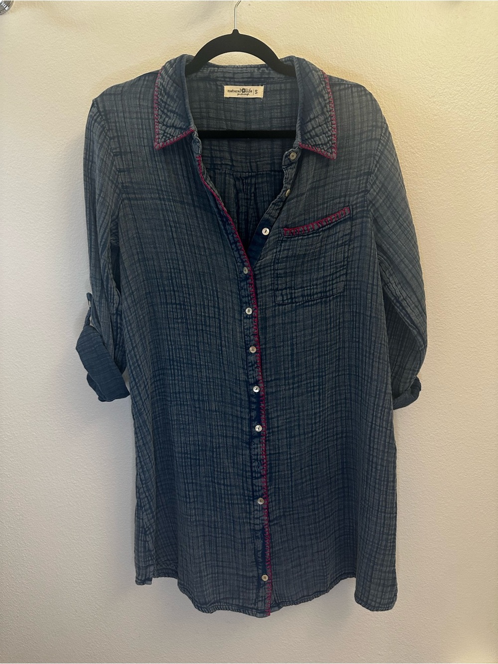 Natural Life blue gauze button up dress  with pink trim size small